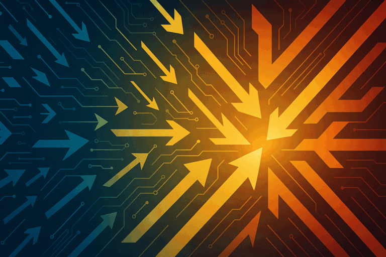 Visual showing AI-powered forces converging toward decisive action and commitment