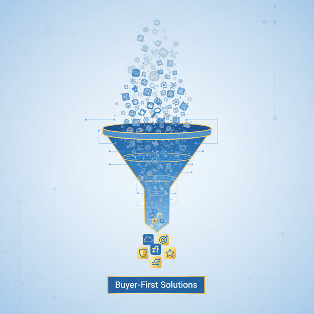 Conceptual visualization of buyer-first evaluation framework filtering AI sales tools