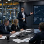 A sales engineer presents a data-backed business case with ROI charts to a finance and procurement committee in an industrial manufacturing boardroom.