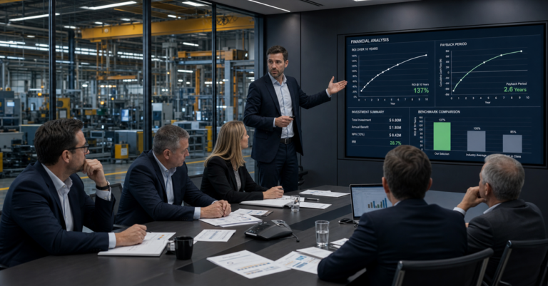 A sales engineer presents a data-backed business case with ROI charts to a finance and procurement committee in an industrial manufacturing boardroom.