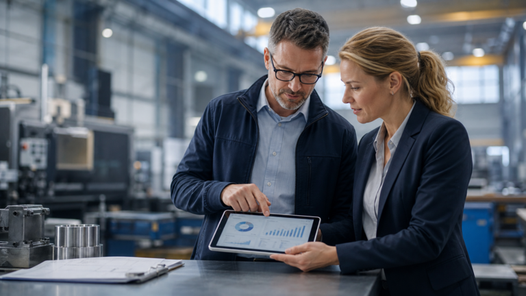 Plant manager and procurement professional reviewing benchmark data on a tablet inside an industrial facility.